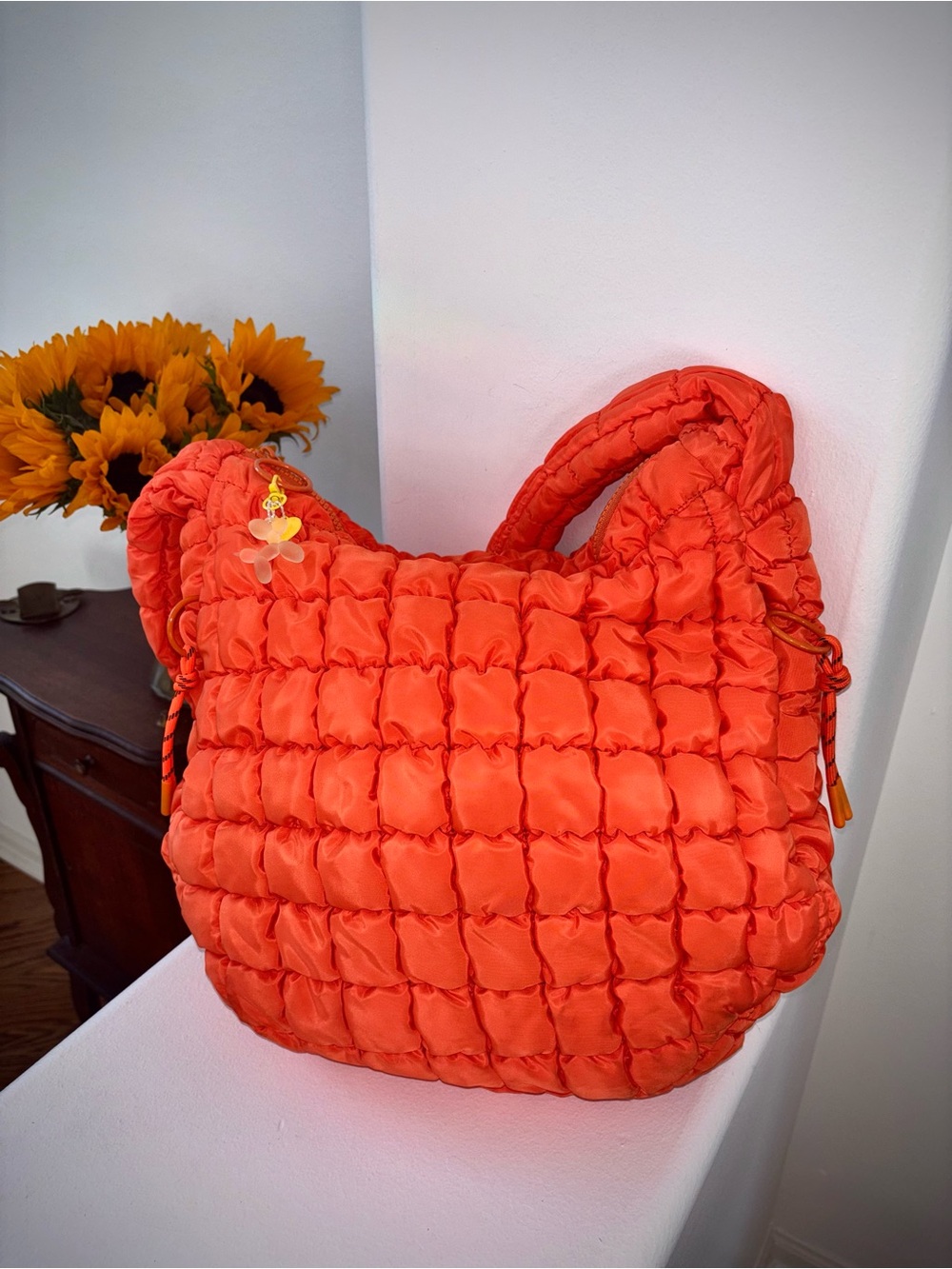 Urban Expressions Orange Woven Puffer Tote Bag Quilted Puffy Trendy Bag